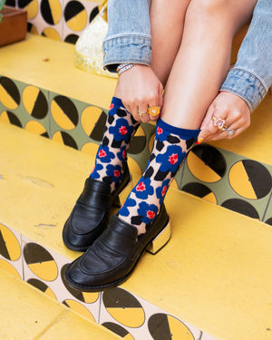 Sock Candy Bold Blue floral sheer sock blue floral socks and loafers