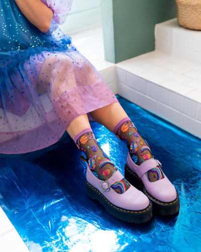 Sock candy pop art planets print sheer sock womens planets socks and doc martens